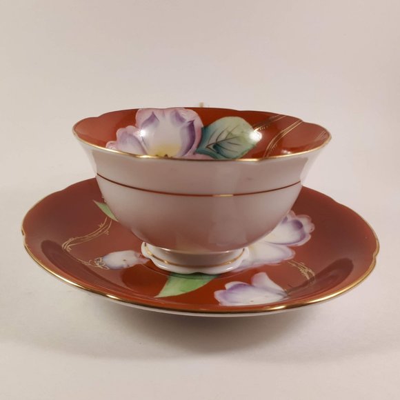 RARE !! Kyokuto Orange teacup and saucer with large flower Japan - Picture 8 of 11